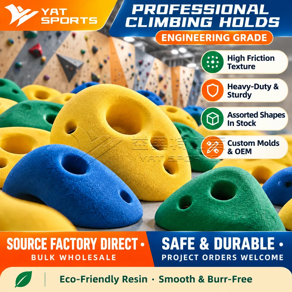 Professional resin climbing holds in assorted colors and shapes for climbing walls